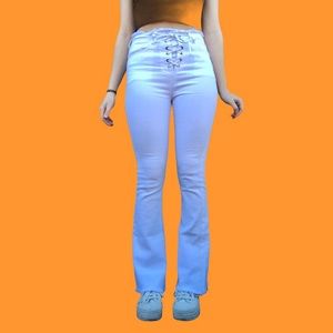 SOLD High Waisted Lace Up White Flares